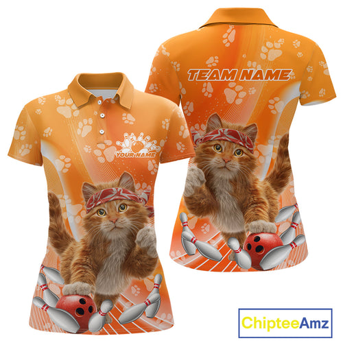 Custom Funny Orange Cat Bowling Women Polo Shirt, Cat Paw Team Bowling Shirt IPHW10103