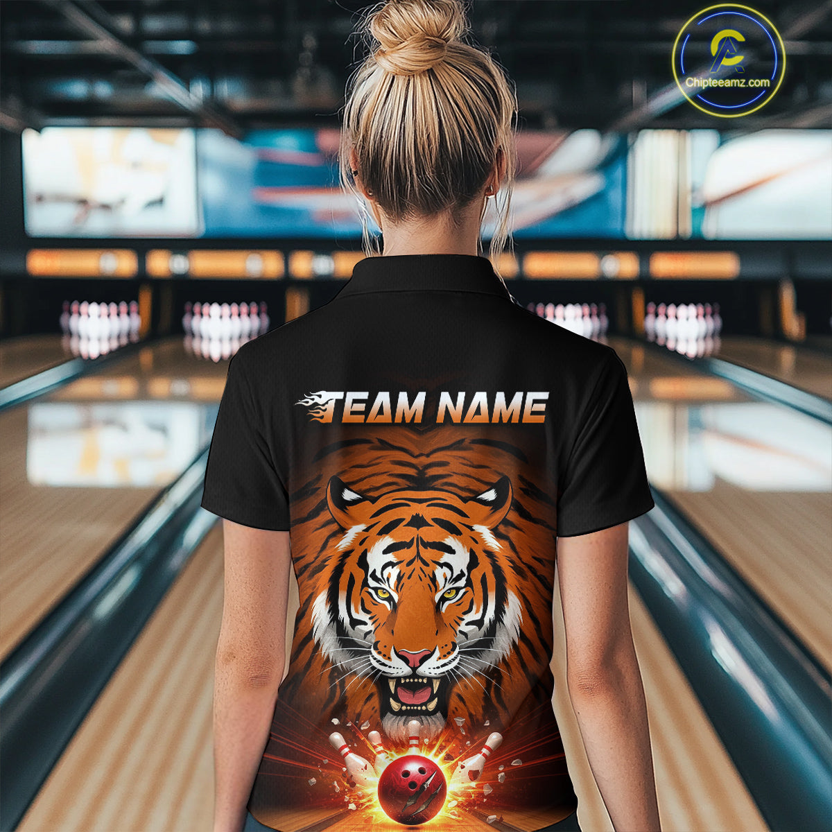 Custom Team Name Tiger Print Bowling Polo Shirt For Women, Bowling Team Tournament Outfit IPHW9092