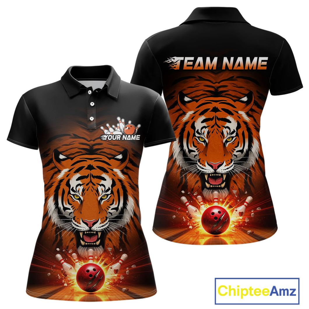 Custom Team Name Tiger Print Bowling Polo Shirt For Women, Bowling Team Tournament Outfit IPHW9092
