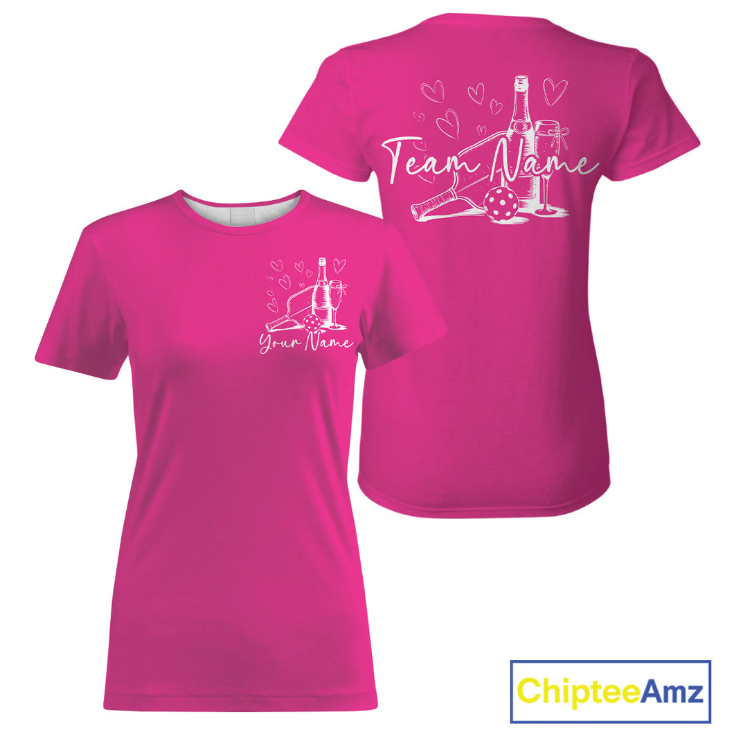 Custom Hot Pink Pickleball T-Shirts For Women, Pickleball And Wine Lovers Uniform IPHW9463