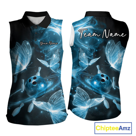 Custom Ethereal Blue Butterflies Bowling Team Women Sleeveless Polo Shirts, Ladies Bowling Outfit IPHW10238