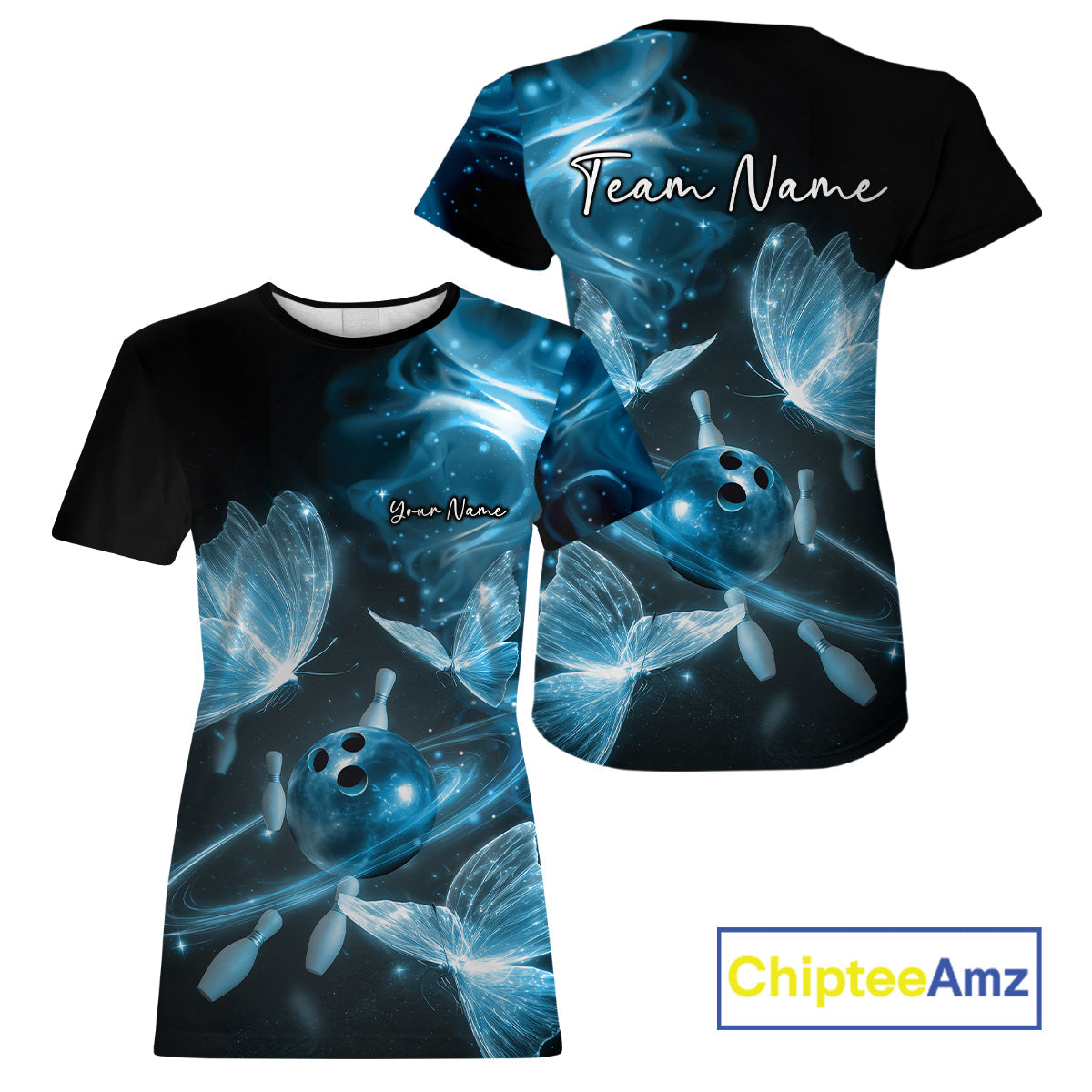 Custom Ethereal Blue Butterflies Bowling Team Women T-Shirts, Ladies Bowling Outfit IPHW10238