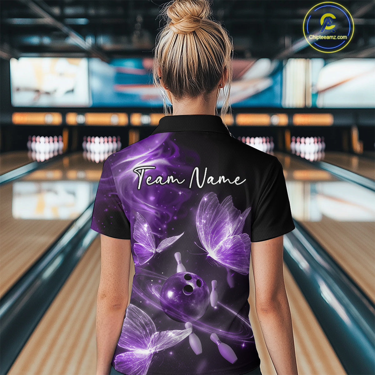 Custom Ethereal Purple Butterflies Bowling Team Women Polo Shirts, Ladies Bowling Outfit IPHW10239