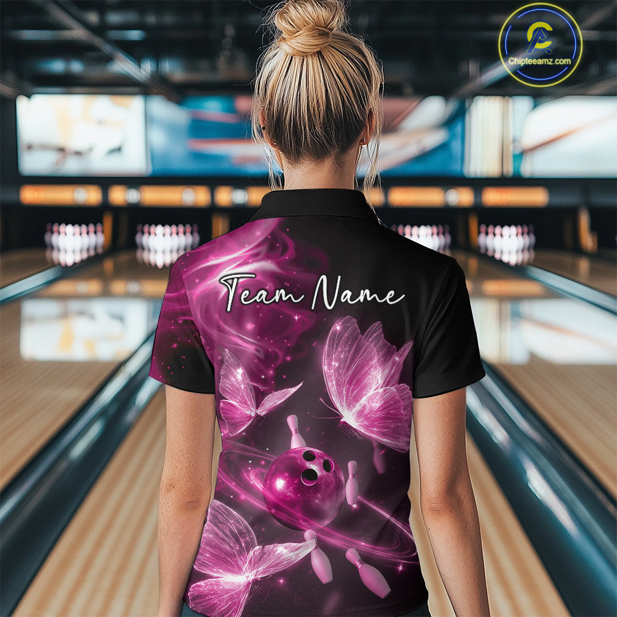 Custom Ethereal Pink Butterflies Bowling Team Women Polo Shirts, Ladies Bowling Outfit IPHW10240