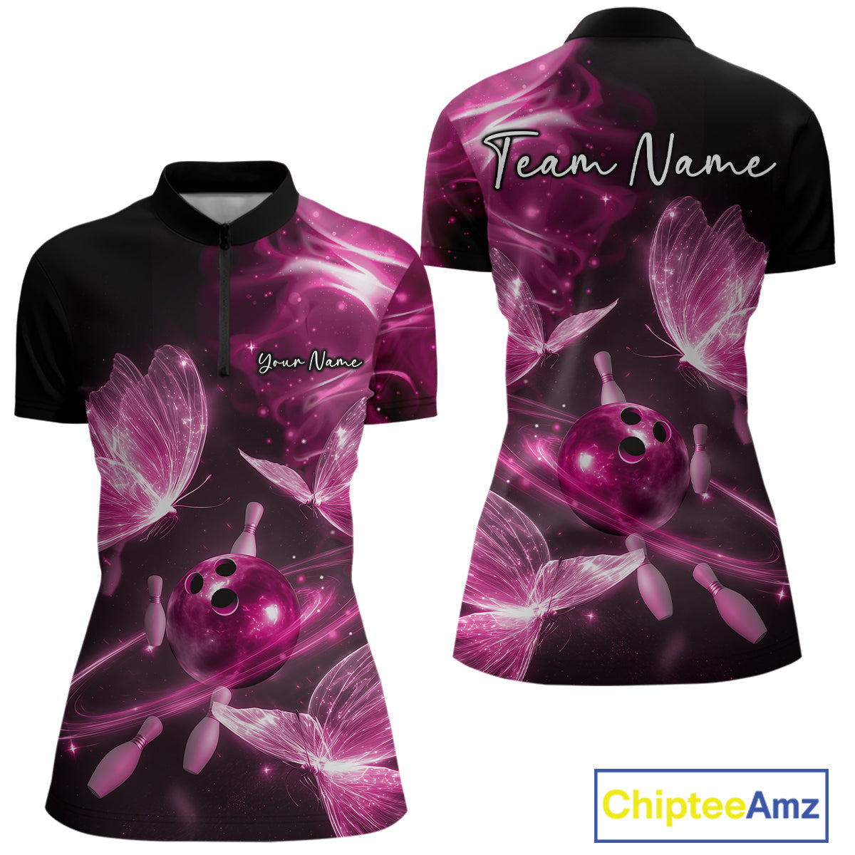 Custom Ethereal Pink Butterflies Bowling Women Quarter-Zip Shirts, Ladies Bowling Outfit IPHW10240