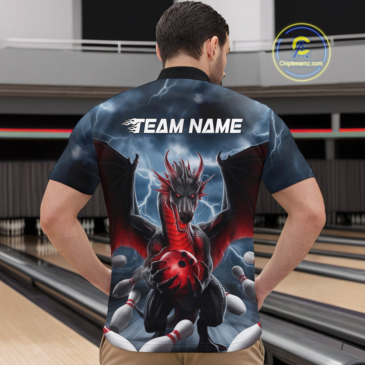 Custom Red Dragon Bowling Men Quarter-Zip Shirts, Dragon Bowling Team Tournament Outfit IPHW9106