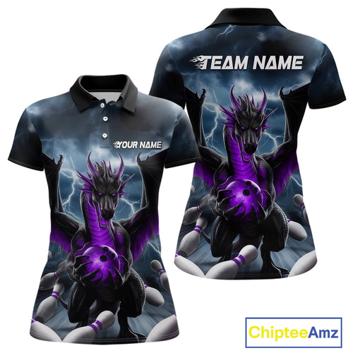 Custom Purple Dragon Bowling Women Polo Shirts, Dragon Bowling Team Tournament Outfit IPHW9107