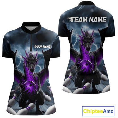 Custom Purple Dragon Bowling Women Quarter-Zip Shirts, Bowling Team Tournament Outfit IPHW9107