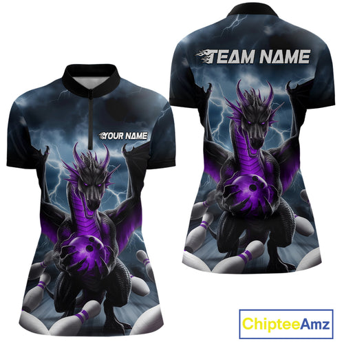 Custom Purple Dragon Bowling Women Quarter-Zip Shirts, Bowling Team Tournament Outfit IPHW9107