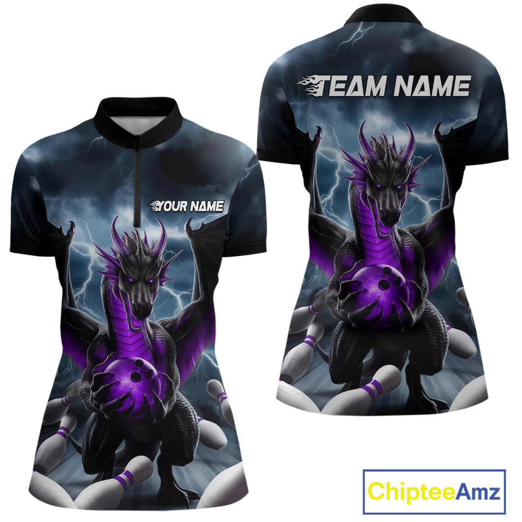 Custom Purple Dragon Bowling Women Quarter-Zip Shirts, Bowling Team Tournament Outfit IPHW9107