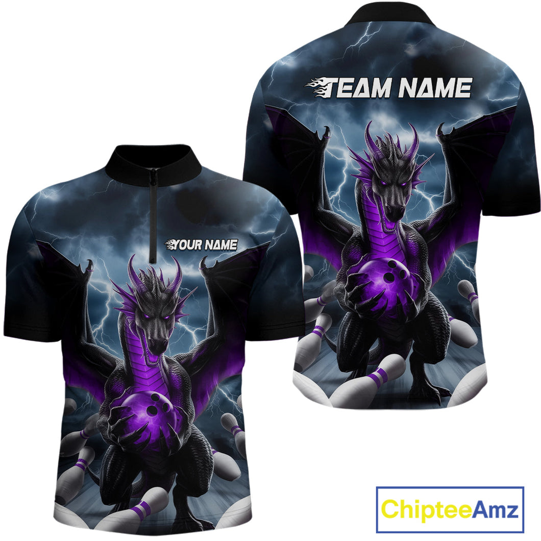 Custom Purple Dragon Bowling Men Quarter-Zip Shirts, Dragon Bowling Team Tournament Outfit IPHW9107
