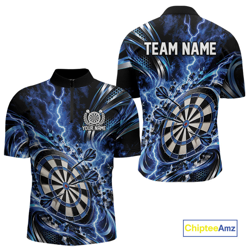 Custom Blue Thunder Lightning Dart Team Jersey For Men, Dart Tournament Quarter Zip Shirt IPHW12582