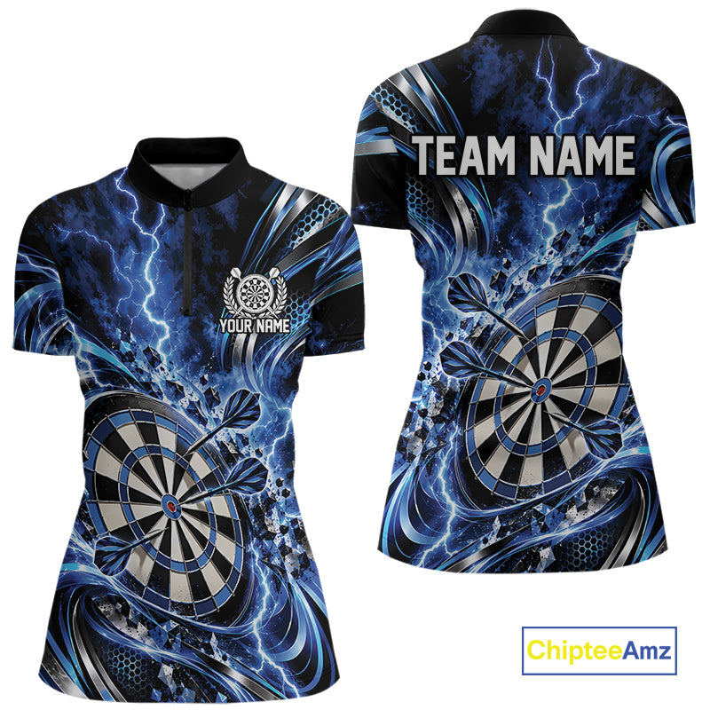Custom Blue Thunder Lightning Dart Jersey For Women, Dart Tournament Quarter-Zip Shirt IPHW12582