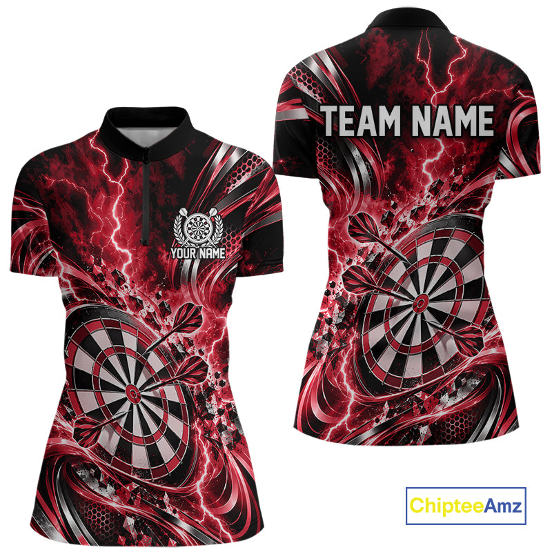 Custom Red Thunder Lightning Dart Jersey For Women, Dart Tournament Quarter-Zip Shirt IPHW12583