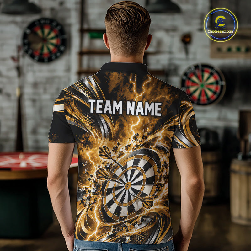 Custom Golden Thunder Lightning Dart Team Jersey For Men, Dart Tournament Polo Shirt IPHW12584