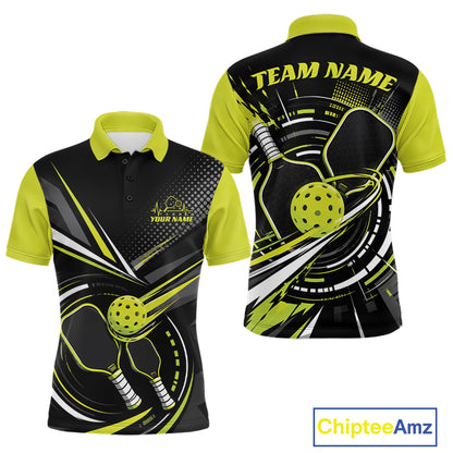 Custom Black And Lemon Yellow Color Pickleball Ball And Paddles Pickleball Men Polo Shirt IPHW11894