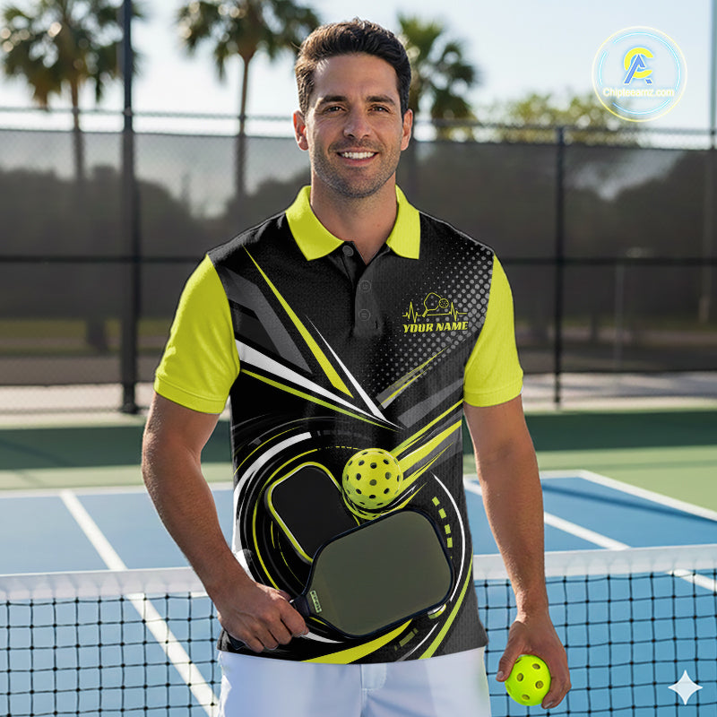 Custom Black And Lemon Yellow Color Pickleball Ball And Paddles Pickleball Men Polo Shirt IPHW11894