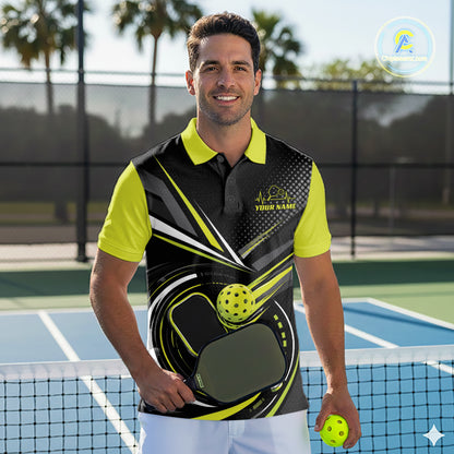 Custom Black And Lemon Yellow Color Pickleball Ball And Paddles Pickleball Men Polo Shirt IPHW11894