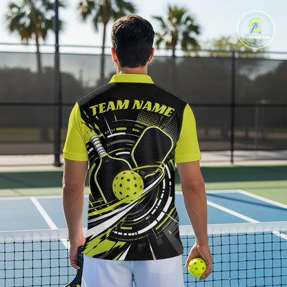 Custom Black And Lemon Yellow Color Pickleball Ball And Paddles Pickleball Men Polo Shirt IPHW11894