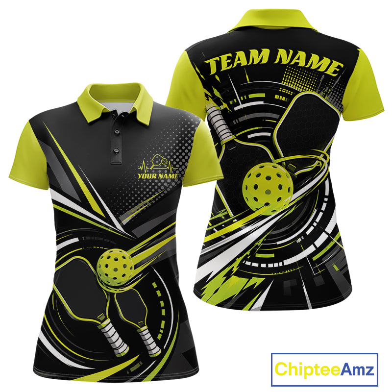 Custom Black And Lemon Yellow Color Pickleball Ball And Paddles Pickleball Women Polo Shirt IPHW11894