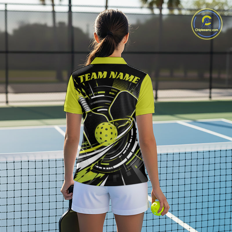 Custom Black And Lemon Yellow Color Pickleball Ball And Paddles Pickleball Women Polo Shirt IPHW11894