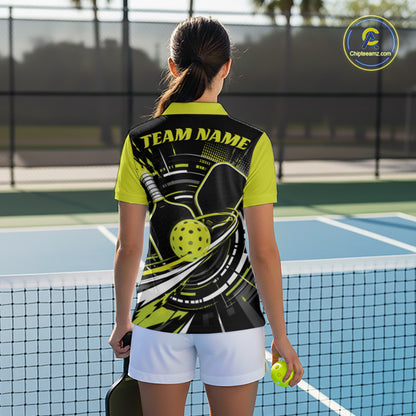 Custom Black And Lemon Yellow Color Pickleball Ball And Paddles Pickleball Women Polo Shirt IPHW11894