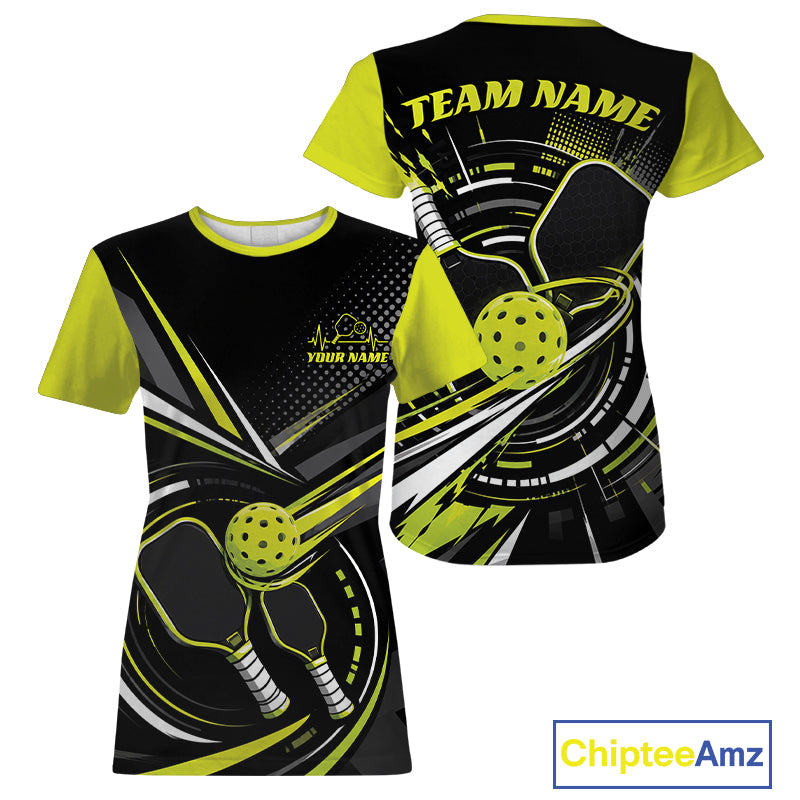 Custom Black And Lemon Yellow Color Pickleball Ball And Paddles Pickleball Women T-Shirts IPHW11894
