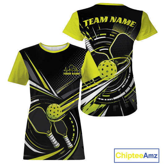Custom Black And Lemon Yellow Color Pickleball Ball And Paddles Pickleball Women T-Shirts IPHW11894