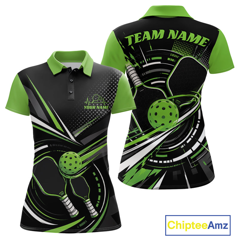 Custom Black And Green Pickleball Ball And Paddles Pickleball Women Polo Shirt IPHW11895