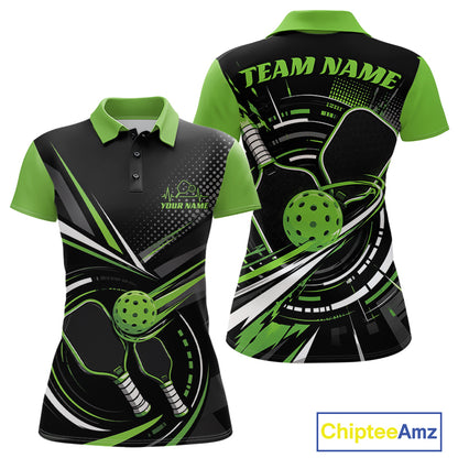 Custom Black And Green Pickleball Ball And Paddles Pickleball Women Polo Shirt IPHW11895