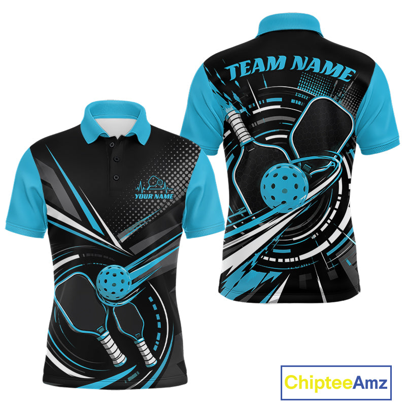 Custom Black And Blue Pickleball Ball And Paddles Pickleball Men Polo Shirt IPHW11896