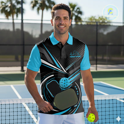 Custom Black And Blue Pickleball Ball And Paddles Pickleball Men Polo Shirt IPHW11896