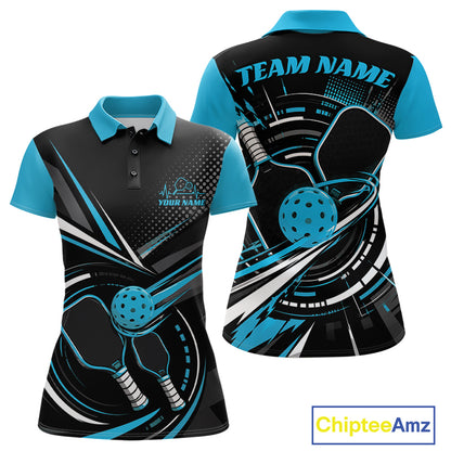 Custom Black And Blue Pickleball Ball And Paddles Pickleball Women Polo Shirt IPHW11896