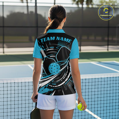 Custom Black And Blue Pickleball Ball And Paddles Pickleball Women Polo Shirt IPHW11896