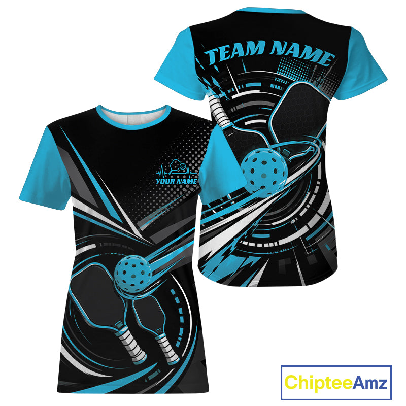 Custom Black And Blue Pickleball Ball And Paddles Pickleball Women T-Shirts IPHW11896