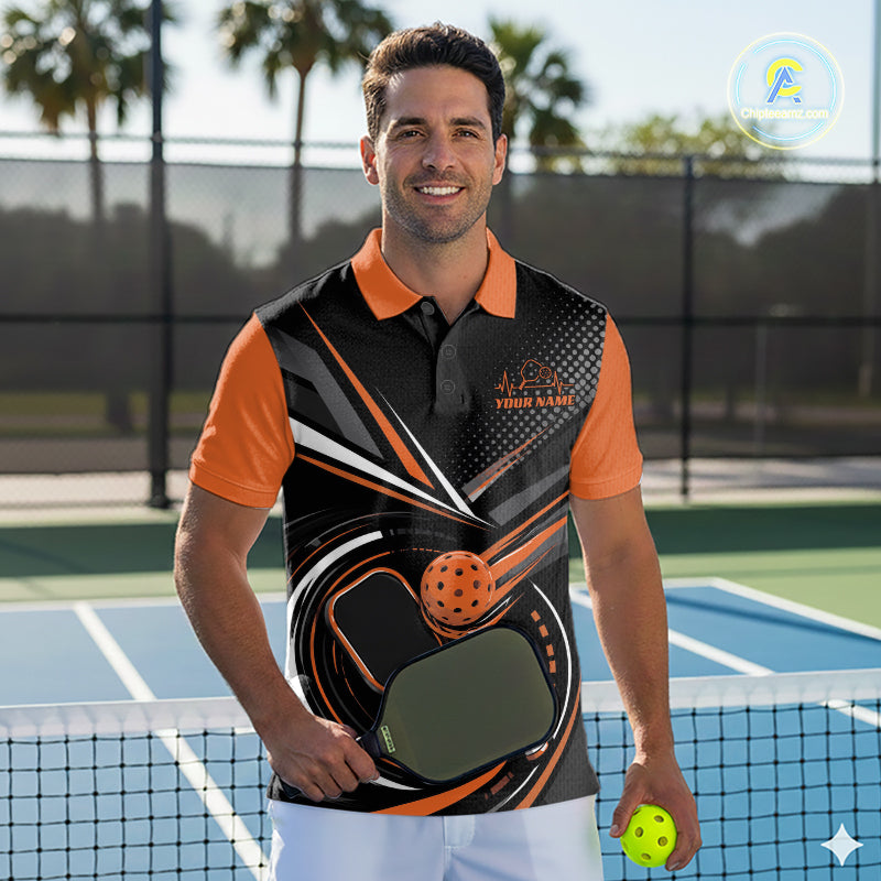 Custom Black And Orange Pickleball Ball And Paddles Pickleball Men Polo Shirt IPHW11897