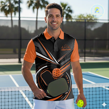 Custom Black And Orange Pickleball Ball And Paddles Pickleball Men Polo Shirt IPHW11897