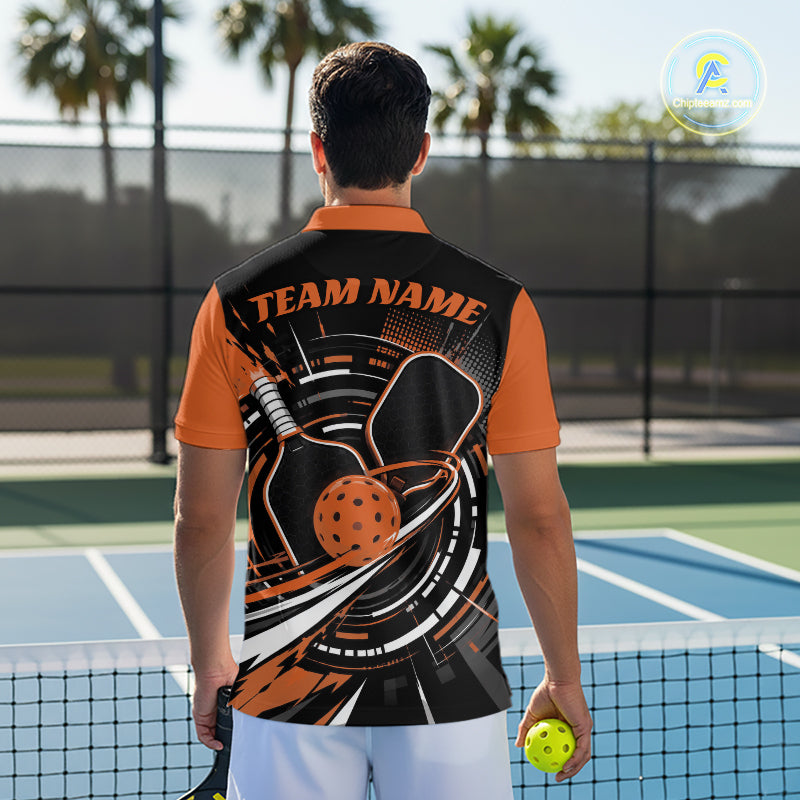 Custom Black And Orange Pickleball Ball And Paddles Pickleball Men Polo Shirt IPHW11897