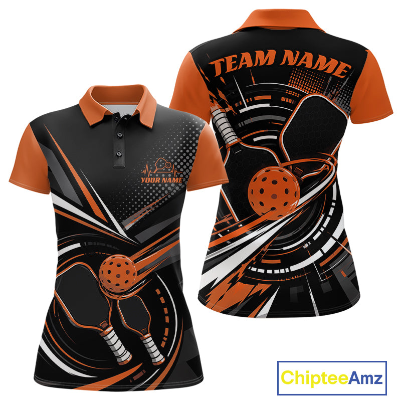 Custom Black And Orange Pickleball Ball And Paddles Pickleball Women Polo Shirt IPHW11897