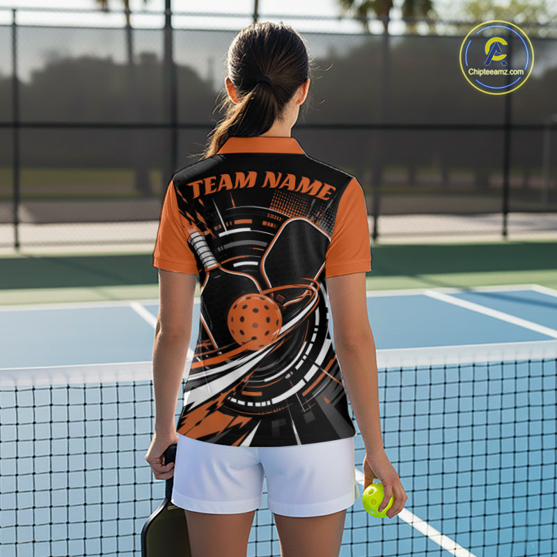 Custom Black And Orange Pickleball Ball And Paddles Pickleball Women Polo Shirt IPHW11897