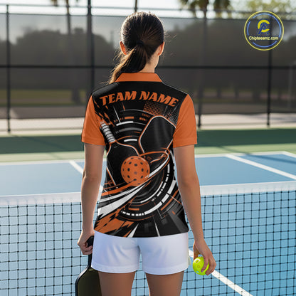 Custom Black And Orange Pickleball Ball And Paddles Pickleball Women Polo Shirt IPHW11897