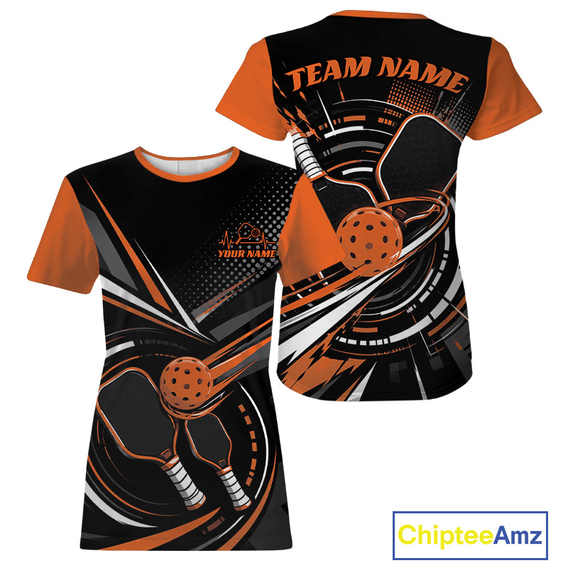 Custom Black And Orange Pickleball Ball And Paddles Pickleball Women T-Shirts IPHW11897