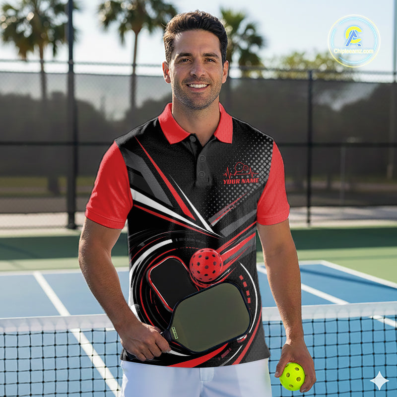 Custom Black And Red Pickleball Ball And Paddles Pickleball Men Polo Shirt IPHW11898