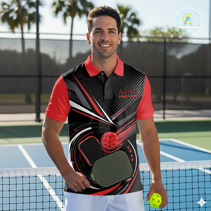 Custom Black And Red Pickleball Ball And Paddles Pickleball Men Polo Shirt IPHW11898