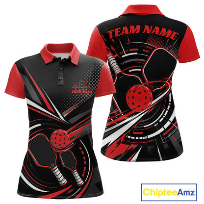 Custom Black And Red Pickleball Ball And Paddles Pickleball Women Polo Shirt IPHW11898