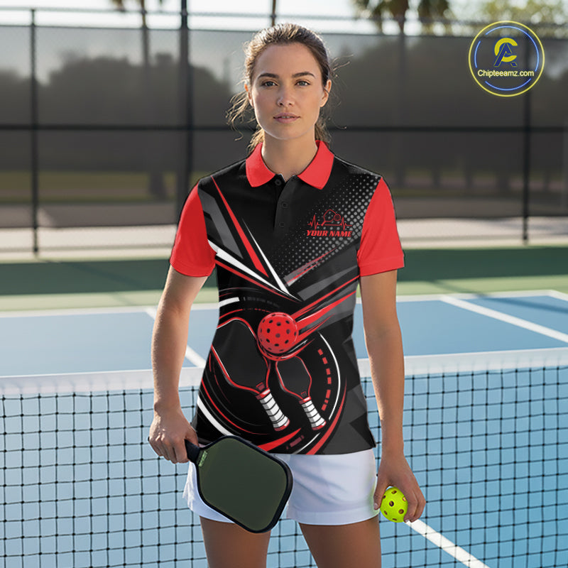 Custom Black And Red Pickleball Ball And Paddles Pickleball Women Polo Shirt IPHW11898