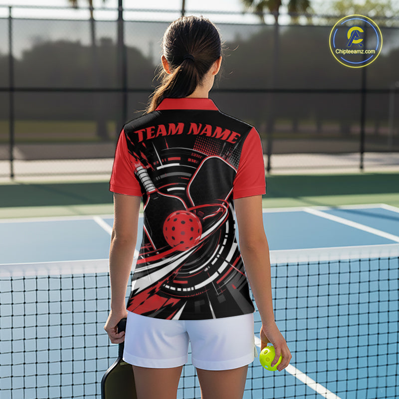 Custom Black And Red Pickleball Ball And Paddles Pickleball Women Polo Shirt IPHW11898