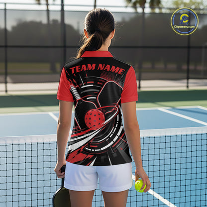 Custom Black And Red Pickleball Ball And Paddles Pickleball Women Polo Shirt IPHW11898