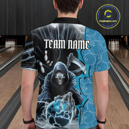 Custom Blue Thunder Lightning Grim Reaper Bowling Men Polo Shirt, Halloween Bowler Outfit IPHW9839