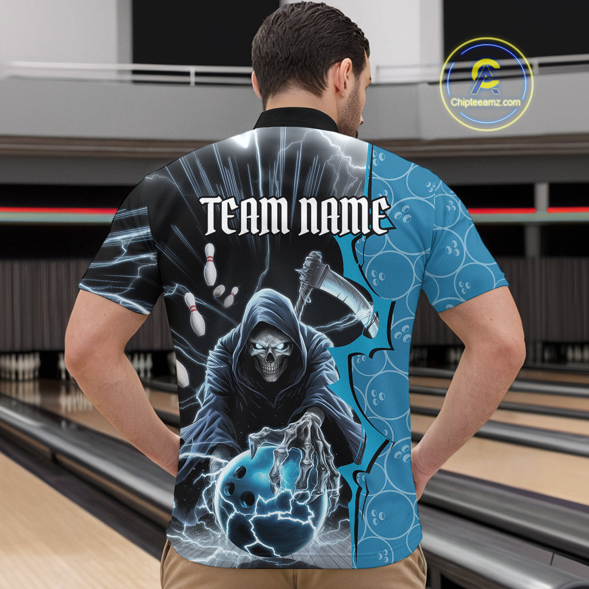 Custom Blue Thunder Lightning Grim Reaper Bowling Men Quarter-Zip Shirt, Halloween Bowler Outfit IPHW9839